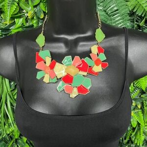 Geometric Bold Necklace Multicolor Flower Enamel Bib Statement Gold Tone 3801